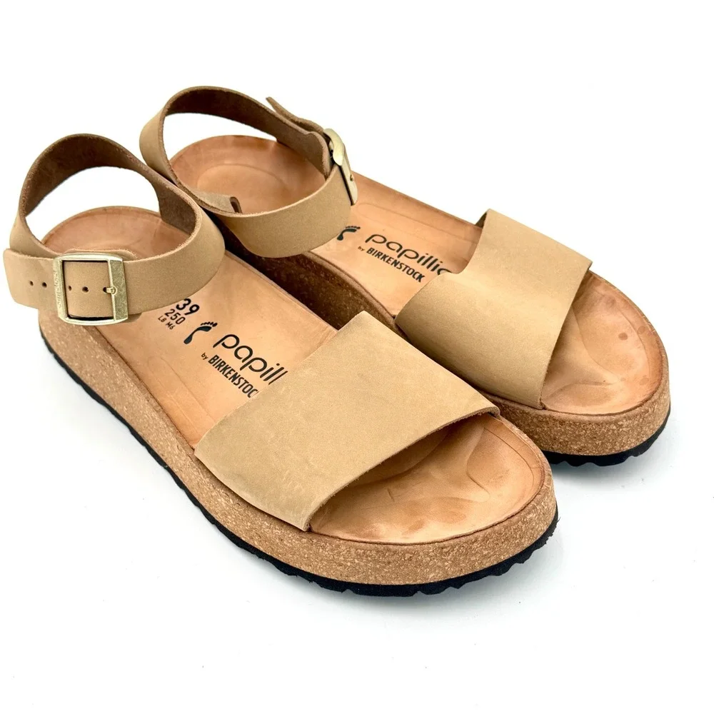 Papillio by Birkenstock Glenda Tan Nubuck Platform Wedge Sandals Women 39 L8 M6